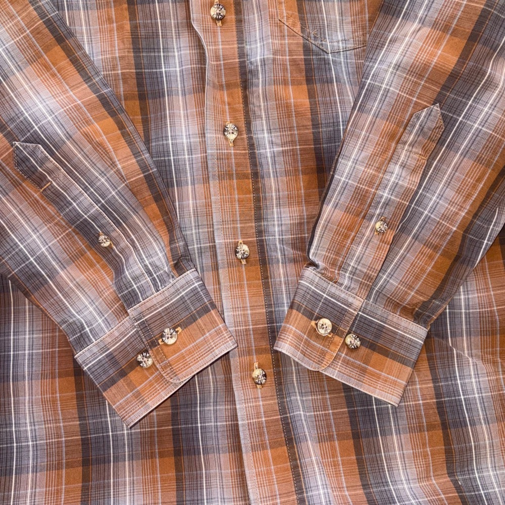 ARIAT Pro Series Button Down Mens Medium Brown Plaid Western Vented Shirt - Picture 8 of 14